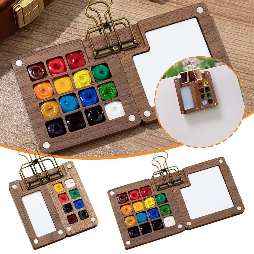 Miniature Painting Set - 8/15グリッドポータブルスケッチブックパレットミニウォールナットウッドカラーパレットボックストラベル水彩ケース（色なし）