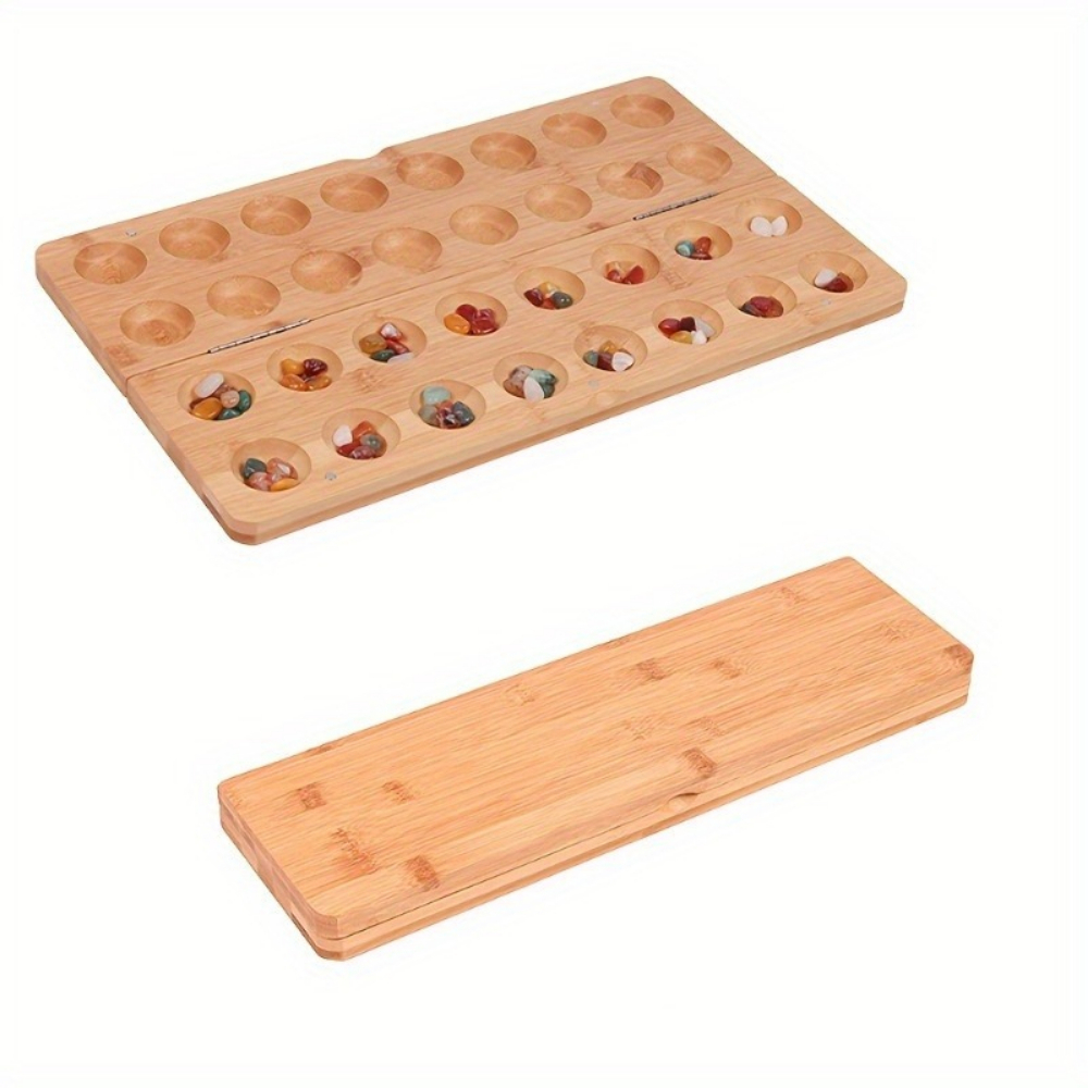 Chess Set Wooden - 持ち運び可能な折りたたみ式木製マンカラボードゲームセット、多色ガラス石と宝石のチェスの駒付き、家族で楽しめるのに最適