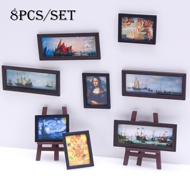 Miniature Painting Set - 8 ピース/セット 1:12 ドールハウスミニチュアヴィンテージ油絵壁画写真壁絵シーンの装飾ドールハウスアクセサリー