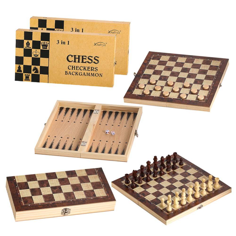 木製3-in-1チェッカー、バックギャモン、チェスセットモデ - Chess Set Wooden のレビューと価格